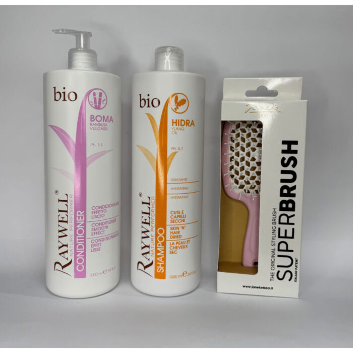 MARKONI. Набір Raywell Hidra шампунь+Raywell Boma кондиціонер (інтенсивне зволоження та дисципліна волосся) + щітка janeke у подарунок