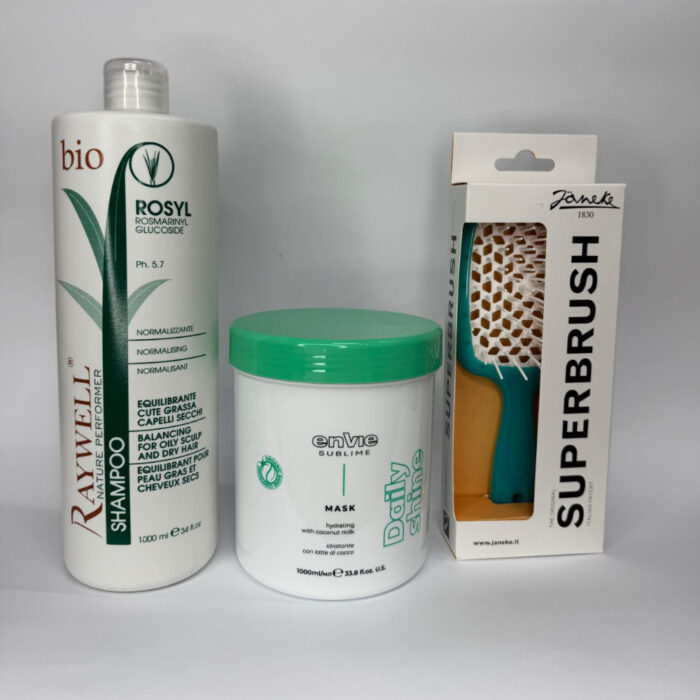 MARKONI. Набір шампунь Raywell bio Rosyl балансуючий + Маска Envie DAILY SHINE + щітка janeke у подарунок